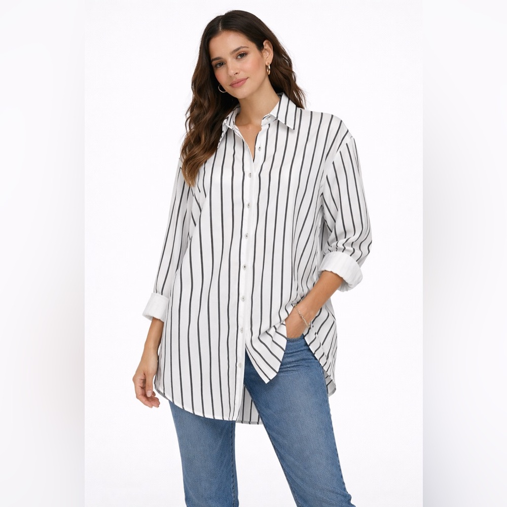 Hotouch White & Black Striped Button Front Tunic Shirt L